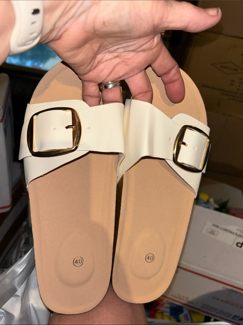 White Buckle Slide Sandals for Women